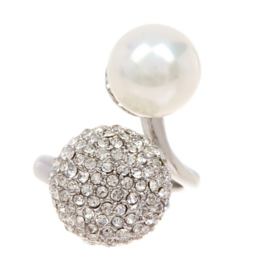 Silver Pave and Pearl Ring 18k White Gold Plated
